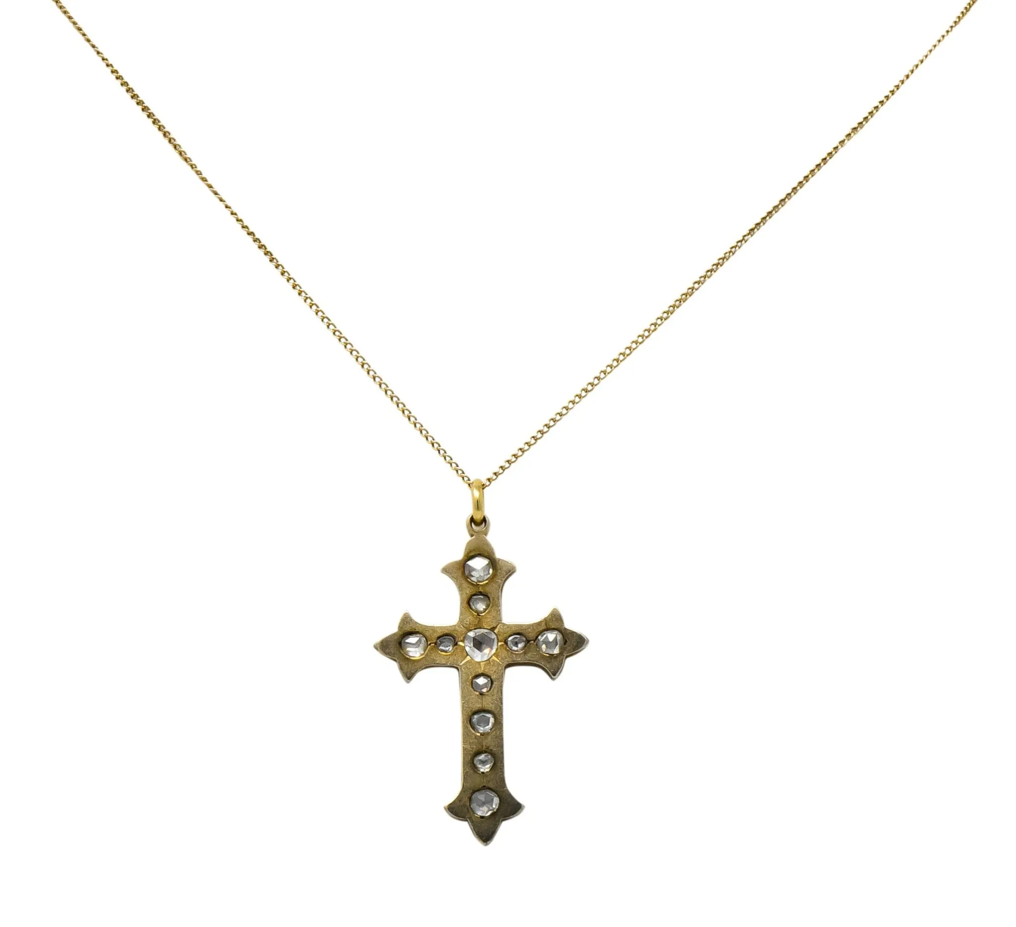 Victorian Rose Cut Diamond 14 Karat Gold Unisex Cross Pendant