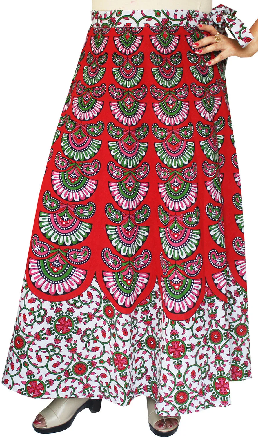 Women's Printed Long Cotton Wrap Around India Skirt (Red, One Size)