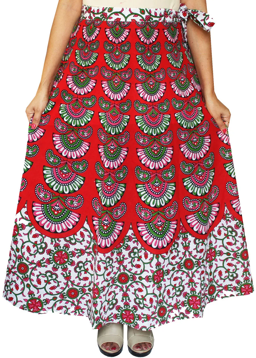 Women's Printed Long Cotton Wrap Around India Skirt (Red, One Size)