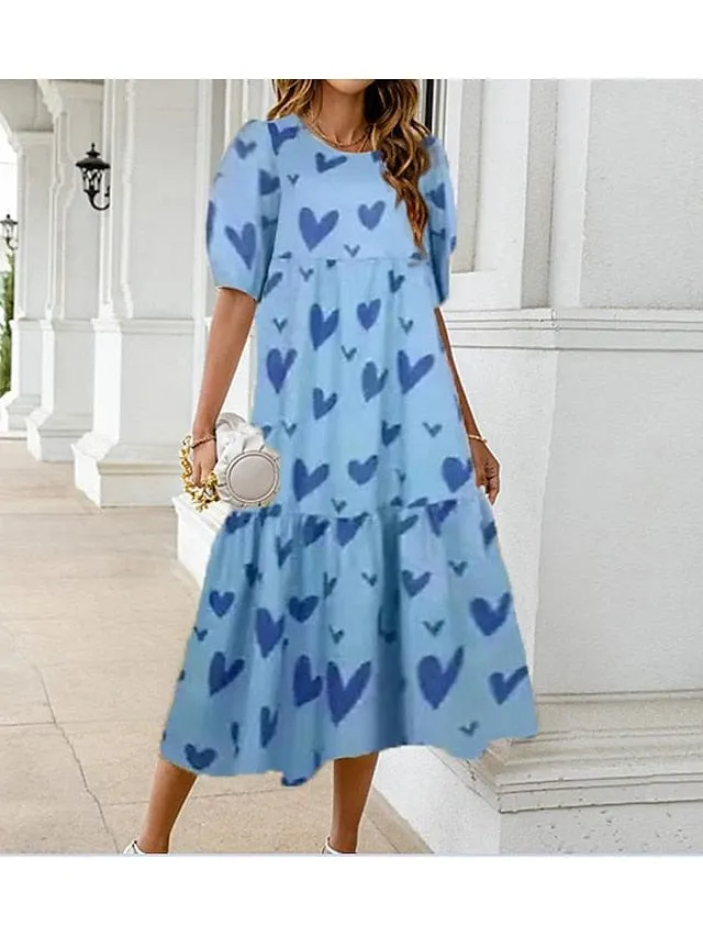 Women's Versatile Midi Swing Dress with Long Sleeves and Floral Ruffle Design